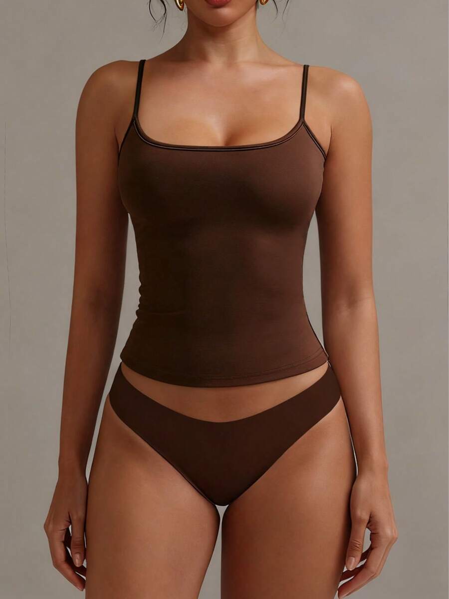 XLLAIS Sexy Backless Women Tank Top, Elastic Casual Spaghetti Strap Camisole - Brown - View 1