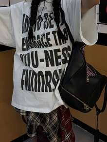 圆领短袖T恤，夏季新款字母印花，时尚休闲宽松女式上衣 - 白色 - 查看 8