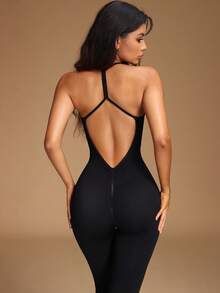 VVX Women's Hollow Out Yoga Jumpsuit Scoop Neck Criss Cross Straps Backless, Tummy Control Scrunch Butt Lifting Casual Sleeveless Seamless Ribbed Solid Color Workout One Piece For Gym Sports Dailywear All Seasons - Black - View 4