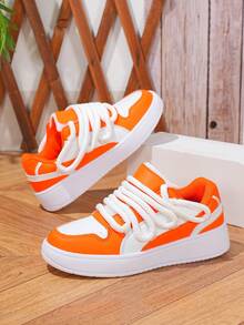 橙白撞色打结鞋带厚底休闲运动鞋 - 白桔 - 查看 5