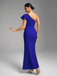 Fuaheng Navy Blue Asymmetric Ruffle Sleeve Cinched Waist High Slit Bodycon Cocktail Dress Party - Royal Blue - View 3