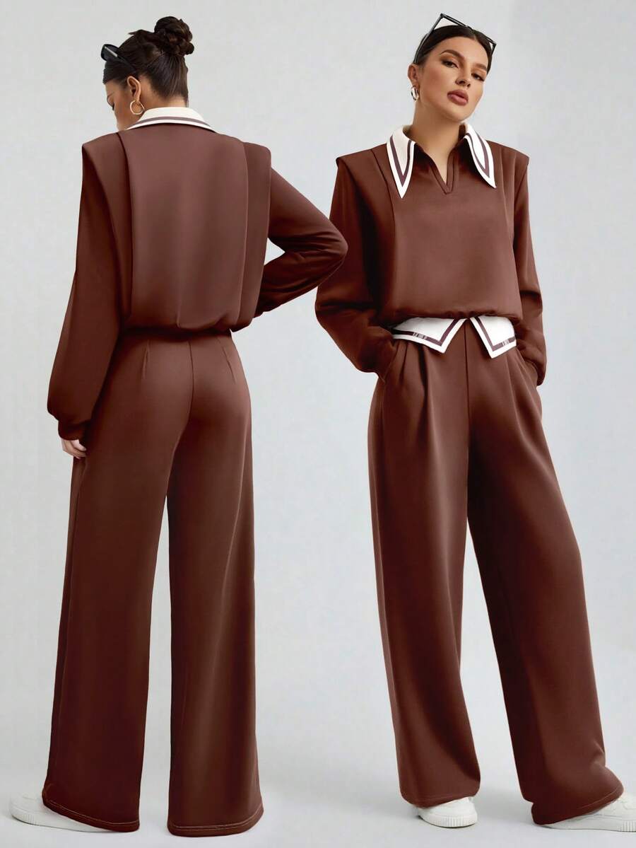 Women's Casual Business Sweetheart Neck Long Sleeve Top And Loose Straight Leg Pocket Pants 2 Pieces Set, Autumn/Winter - Coffee Brown - View 1