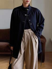 DAZY Women's Stand Collar Belted Loose Urban Casual Denim Jacket And Coat Fall/Winter - Dark Wash - View 4