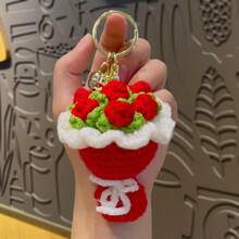 1个/2个手工钩编玫瑰花钥匙扣，DIY小饰品花束收纳架，创意生日礼物，仿真花包挂饰 - 彩色 - 查看 6