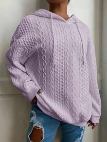 Plus Size Women Loose Casual Solid Color Jacquard Knit Long Sleeve Sweatshirt Spring - Lavender-1 - View 4
