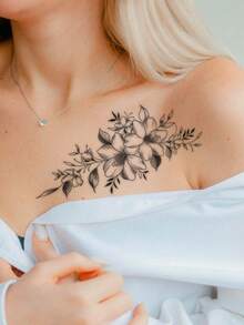 1张逼真防水防汗花卉肩部临时纹身贴纸，复古耐用防水纹身贴纸，高端美学设计，小众艺术风格假纹身，适合时尚爱好者 - 黑色 - 查看 2