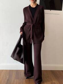 DAZY Women's Casual Solid Color Belted Cardigan And Pants 2 Pieces Knit Set, Autumn - Coffee Brown - View 1