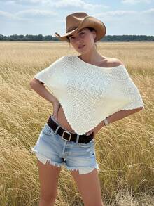 大码女装大码夏季休闲纯色吉祥字母图案蝙蝠袖毛衣上衣网眼镂空度假沙滩不对称下摆针织上衣女度假