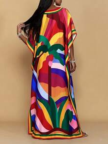 女式加大码 V 领短袖花卉印花休闲连衣裙，朴素的长袍