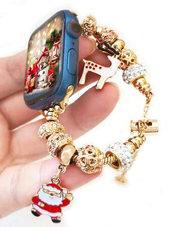 [Correa/Carcasa con Elemento Navideño] Adecuado para Apple Watch SE/8/7/6/5/4 Series de 40/41mm y 44/45mm, Diseño único de carcasa calada con material de carcasa dura de PC + Marco metálico con cristales de colores, Pantalla táctil directa sin retraso, Ligero y duradero, Correa ajustable - Accesorios de reloj (No es un conjunto, la carcasa y la correa se venden por separado)