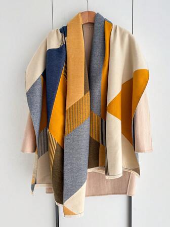 1pc Women's Multi-Color Casual Minimalist Geometric Pattern Jacquard Reversible Faux Cashmere Warm Scarf/Shawl, Suitable For Daily Wear, Autumn/Winter