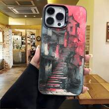 Cubierta de telefono con diseño artístico rosa y gris con escaleras abstractas para iPhone 15 Pro Max elegante para uso diario en cafeterías - Blanco - Ver 4