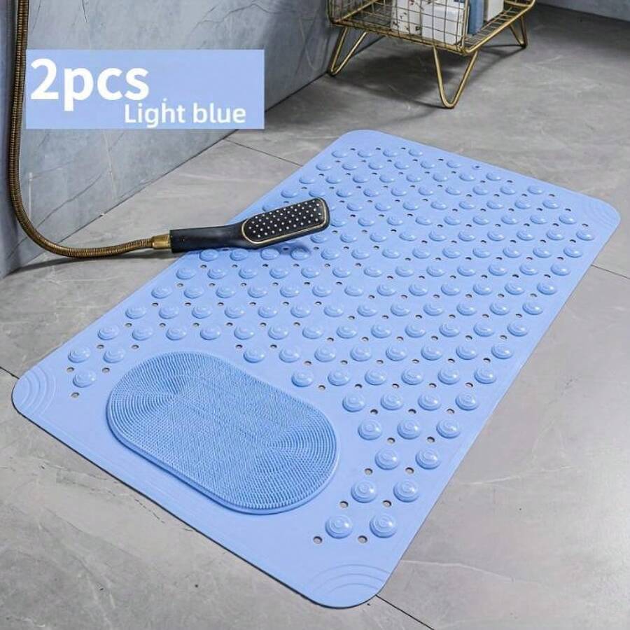 1pc Non-Slip Shower Mat, Bath Mat With Drainage Holes And Suction Cups, Foot Massage Mat, Home Bathroom, Bathroom Necessities. - 2pcs Light Blue - View 1