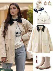 Autumn New Casual Corduroy Lapel Contrast Color Patchwork Loose Versatile Fashion Jacket Utility Padded Coat For Women, Elegant Retro Street Style Commuter Outerwear - Milky - View 2