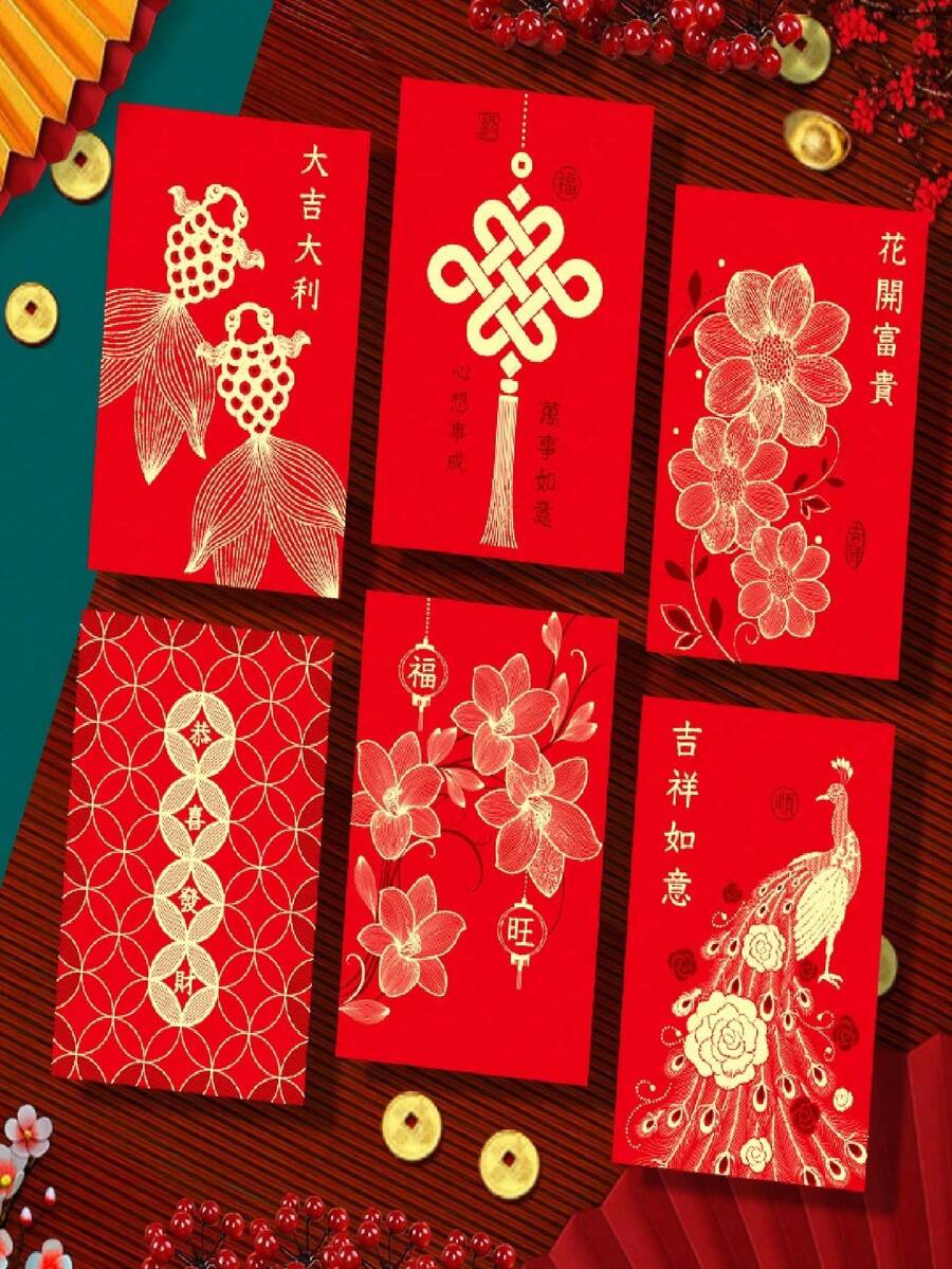 Bộ 6/18/36 phong bao lì xì đỏ Tết Nguyên Đán, họa tiết cá chép và hoa mai, thích hợp cho lễ hội năm rắn và các dịp đặc biệt khác: Tết Nguyên Đán, đám cưới, ngày lễ tình nhân, chúc phúc, trang trí Tết Nguyên Đán. - Đỏ - Xem 1