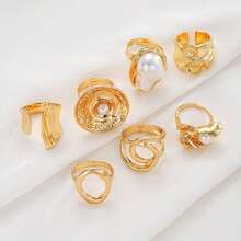 7/3pcs Asymmetrical Pearl Flower Rings, Geometric Shape, Tassel Effect, Hollow Round, Multi-Layer Metal Texture, Extra Large Size, Rugged Chic, Elegant Retro, Suitable For Festivals, Parties, Dates, Gifts, Daily Wear - Gold 1 - View 5
