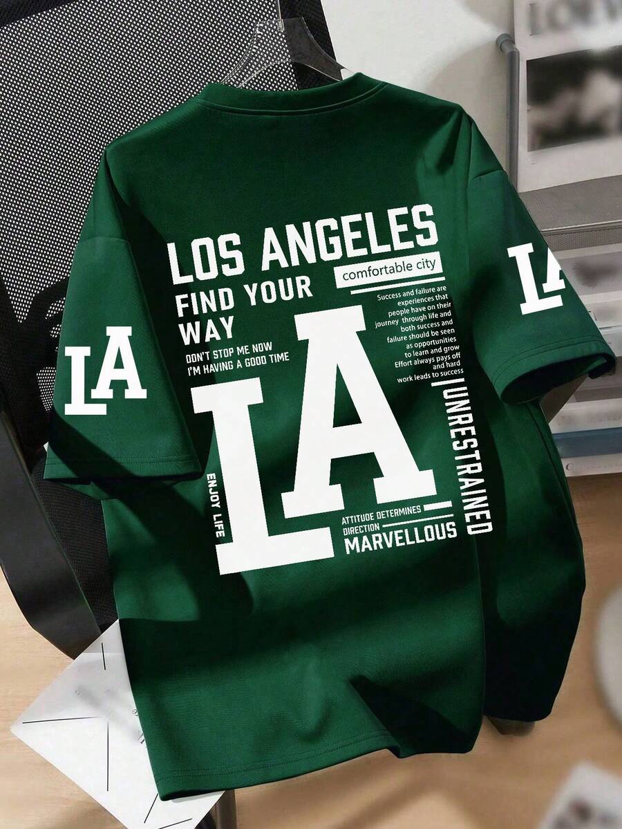 Tween Boy LA Slogan Print Crew Neck T-Shirts Summer Boy's Casual Tee Soft Tops,Streetwear And Vacation Wear.Suitable For And Boys To Wear,Suitable For Daily Wear,Can Be Given As A Gift To Family,Girlfriend, Friends,Comfortable Short Sleeves Casual Pullover, Machine Washable, Daily Essential, Loose Style, Suitable For Both Boy And Women, Street Style - Dark Green - View 1