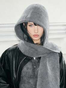 1 pezzo Berretto balaclava da donna di colore unito, cappello lavorato a maglia spesso e caldo con protezione per le orecchie, set elegante e casual retrò di berretto e sciarpa versatile, adatto per uso all'aperto, sci, ciclismo, viaggi, feste, uso quotidiano in autunno/inverno