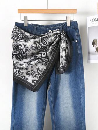 1条女士黑色复古佩斯利花纹轻薄方巾，夏季旅行度假头巾