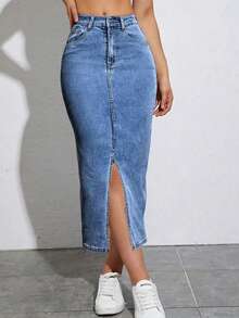 女士休闲长款牛仔开衩裙，带口袋和拉链，中等弹力面料