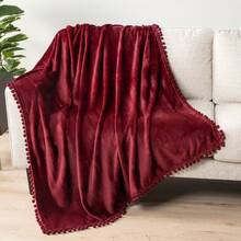 Fleece Throw Blanket For Couch With Pom Pom Fringe, Maroon Burgundy Red, Soft Cozy Fuzzy Flannel Blanket For Sofa Bed, Lightweight Plush All Season Throw, 50x60 Inches - Wine Red - 查看 2