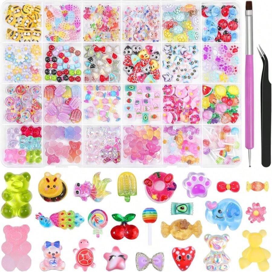 300Pcs 3D Cartoon Candy Breads Nail Art Charms,20 Grids Mixed Assorted Color Doughnut Lollipop Ice Cream Bread Dessert Cakes Cartoon Spoon Fork With Pickup Tool For DIY Crafts Accessories (Bread) - ColorF - 查看 1