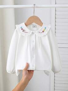 Girls' Long Sleeve Collared White Shirt, Spring - White - View 1