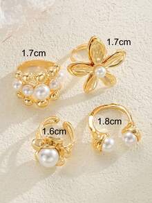 4pcs Elegant Vintage Coin Flower Shaped Pearl Decor Ring Set For Women, Suitable For Vacation, Party, Wedding, Birthday, Daily Wear (No Box) - Yellow Gold - View 8