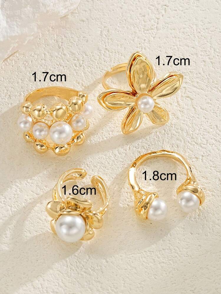 4pcs Elegant Vintage Coin Flower Shaped Pearl Decor Ring Set For Women, Suitable For Vacation, Party, Wedding, Birthday, Daily Wear (No Box) - Yellow Gold - View 8