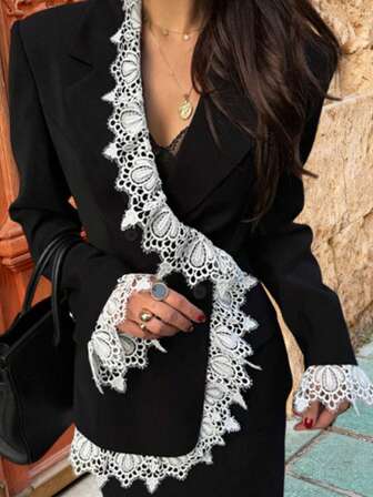 Women's All-Season Slim Fit Blazer, Black & White Color Block Asymmetric Design, Double-Breasted With Lace Trim, Elegant For Casual & Office,New Year, Christmas, Ladies Fashion Clothing