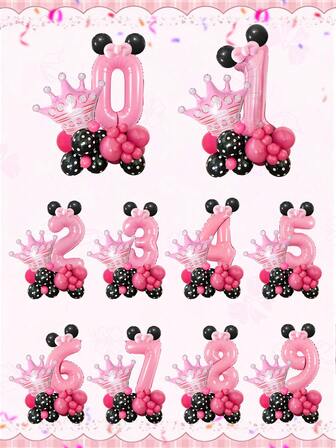 28pcs/Set Black & Pink 32-Inch Number Balloon Set, Includes 0-9 Numbers, Pink Crown Foil Balloons, Hot Pink & Black Polka Dot Latex Balloons, Suitable For Birthday Party, Pink Theme, Anniversary, Pink Mouse Theme Party, Wedding, Princess Birthday Party Decoration