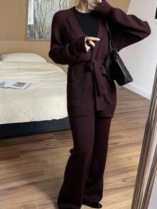 DAZY Women's Casual Solid Color Belted Cardigan And Pants 2 Pieces Knit Set, Autumn - Coffee Brown - View 7