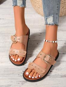 杏色条纹可调节套脚朋克风双层底休闲百搭通勤时尚沙滩凉鞋 - 杏色 - 查看 2