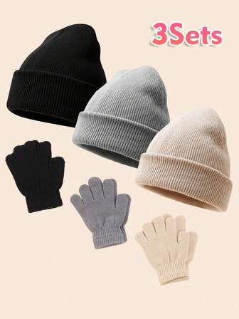 3 Set Toddler Hat Glove Set, Kids Winter Hats Warm Knitted Beanie Mittens Gloves For Baby Girls Boys 3-8Y