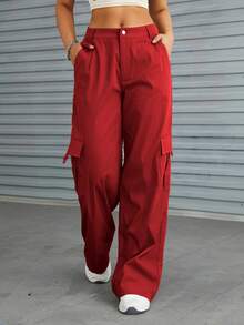 Plain Front Button Pocket Casual Cargo Pants, Everyday Wear - Burgundy - View 6