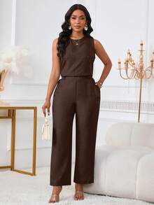 Bộ 2 món thời trang nữ thanh lịch, áo không tay và quần dài với túi xéo và chi tiết cúc, thích hợp cho mùa hè. - Nâu sẫm - Xem 8