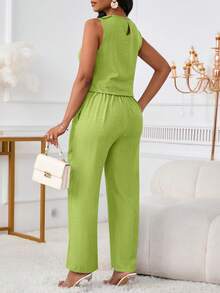 2pcs Women Sleeveless Casual Elegant Top And Pants Set With Slant Pockets & Button Details - Lemon Green - View 4