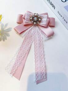 1件花卉印花优雅涤纶领带，复古蕾丝蝴蝶结发夹配精致水晶珍珠顶夹，仙气飘飘的雪纺丝带发饰 - 粉色 - 查看 6