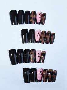 Unhas postiças longas quadradas com estampa de leopardo e detalhes em marrom, estilo francesinha, 24 peças. Feitas em acrílico, com 1 cola em gel e 1 lixa de unha. Deixam suas unhas brilhantes e lindas, perfeitas para festas, dança e uso diário. - Multicolorido - Ver 3