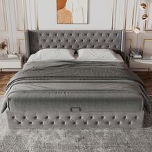 Pillow-Shaped Padded Bed, Double Flannel Rivets, Sewn Eyelet, 140*190 Double Bed With Hydraulic Function, Waterproof Non-Woven Fabric Bed Base In Black And Gray