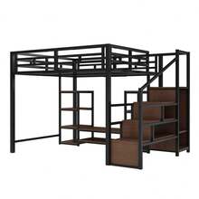 High Bed 90x200 With TV Stand, Socket And Ladder, Stable Combination Of Metal And Wood, Modern Space Saving High Bed, Bunk Bed For Children With Practical Storage, Black - 黑色 + 金屬 + 140厘米*200厘米 - 查看 5