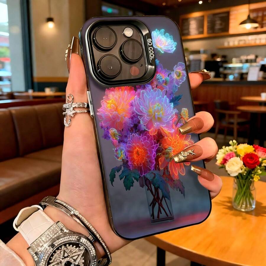 Cubierta de telefono con diseño floral brillante color negro con flores multicolor en estilo neón para iPhone 14 Pro Max ideal para uso diario y ocasiones especiales - Blanco - Ver 1