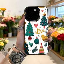 Cubierta de teléfono con diseño navideño blanco con árboles de navidad corazones bolas y texto Love para temporada festiva Aplicable a los teléfonos de la serie Apple y Galaxy - Negro - Ver 2