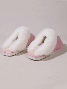 Women's Solid Color Plush Lining Thick Anti-Slip Flat Casual House Slippers, Suitable For Autumn/Winter - Pink - View 5