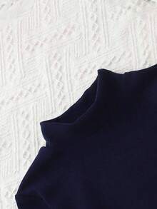 女童高领长袖纯色打底衫，藏蓝色，保暖百搭套头衫，适合春、秋、冬季穿着，儿童、幼儿及小学生适用 - 藍色 - 查看 3