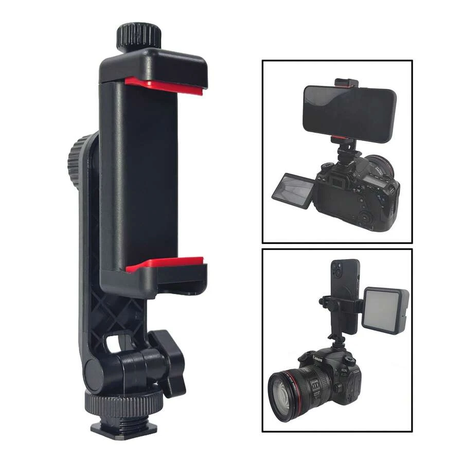 DSLR Camera To Smartphone Monitor Adapter, Low Angle Viewfinder, Hot/Cold Shoe Mount, Smartphone Clip Holder Accessory, Compatible With Canon, Nikon Cameras - Black - View 1