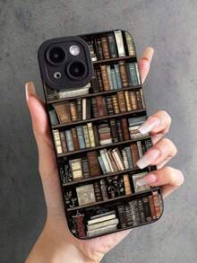 1pc Vintage Bookshelf Pattern Faux Leather Phone Case, Black Cat Eye Full Coverage Soft Shell Compatible With IPhone 11/12/13/14/15/16 Pro Max - Black - View 3