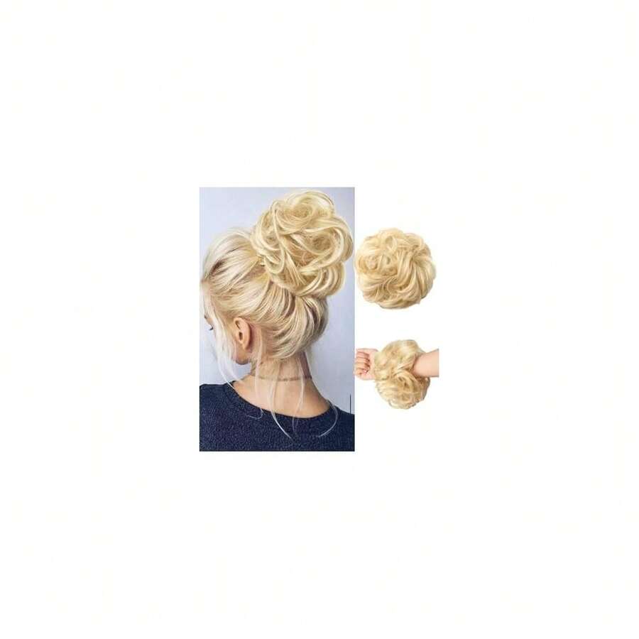 Messy Bun Hair Piece Hair Bun Wavy Curly Scrunchies Chignon Ponytail Hair Extensions Fake Hair Bun Extensions Synthetic Tousled Updo Hairpieces For Women(Golden Blonde Mixed Bleach Blond),GoldenBlondeMixedBleachBlond - 金色金髮混合漂白金髮 - 查看 1