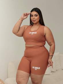 Women's Plus Size Printed Gym Set - Los Angeles NY - Màu nâu  Mocha - Xem 3