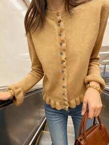 2025 New Elegant Women Round Neck Ruffle Layered Pleated Knit Sweater, Versatile Casual, Autumn/Winter, Solid Gray